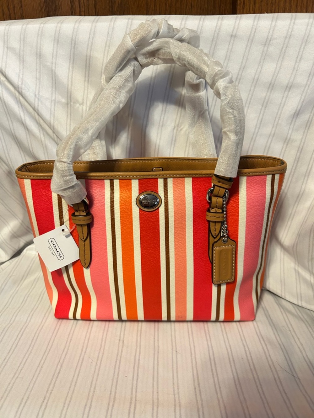 Coach Multicolor Striped Tote - Pink, Red, Orange, Tan